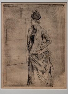 Egy álló fiatal nő portréja profilban (a látogatás) alkotó: Giovanni Boldini