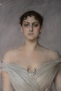 Fehér ruhás hölgy portréja, kesztyűvel és legyezővel, részlet alkotó: Giovanni Boldini
