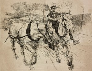Megerősített hintólovak, metszet Giovanni Boldini eredeti rajzából, festményéről, L
