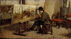 Giovanni Fattori festő műhelyében Giovanni Boldininek tulajdonított festészet (1842-1931) 1863-1869 V. 13x24 cm milánói magángyűjtemény alkotó: Giovanni Boldini