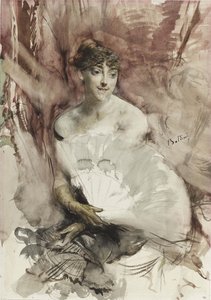 Nő ventilátorral egy színházi dobozban ül Rasti grófnője, 1878 körül alkotó: Giovanni Boldini