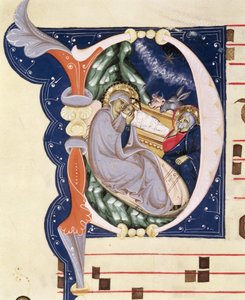 Ms 561 f.31v Történeti kezdetű „D”, amely a születést ábrázolja, a San Jacopo di Ripoli kolostor egy 14. század eleji fokozatából
