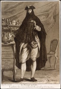 Egy maszkot viselő férfi egy csésze kávét iszik Le Masque au Caffé, 1775.