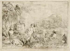 Táj szatír családdal és klasszikus szobrászattal alkotó: Giovanni David after Giovanni Benedetto Castiglione