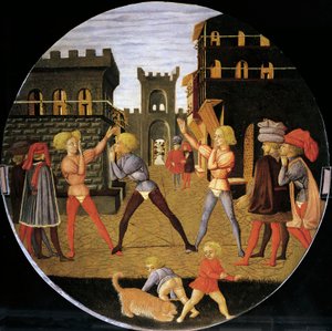 civettino nevű játék, részlet a születési tálca előlapjáról (kerek festmény), 1450 körül, Giovanni di Ser Giovanni, Lo Scheggia (1406-1486) néven ismert, tempera fán