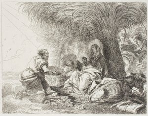 József imádja a gyermeket, miközben két angyal énekel, tizenkilences lemez a Repülés Egyiptomba című filmből alkotó: Giovanni Domenico Tiepolo