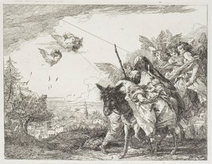 József imádja a gyermeket, akit Mária karjaiban tart, kilencedik kép Az egyiptomi menekülésből. alkotó: Giovanni Domenico Tiepolo