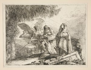 József Jézust a karjában hordja, az Idee pittoresche sopra la fuga in Egitto (Repülés Egyiptomba) sorozatból alkotó: Giovanni Domenico Tiepolo