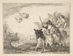József a Kisded Jézusról elmélkedik, a Festői ötletek az Egyiptomba (Flight to Egypt) című sorozatból. alkotó: Giovanni Domenico Tiepolo