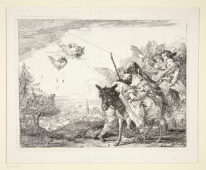 József a Kisded Jézusról elmélkedik, a Festői ötletek az Egyiptomba (Flight to Egypt) című sorozatból. alkotó: Giovanni Domenico Tiepolo