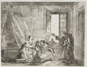 József elmeséli Máriának a közelgő elutazásukat, A menekülés Egyiptomba című könyvének negyedik táblája alkotó: Giovanni Domenico Tiepolo