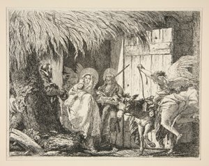 József és Mária egy ház előtt, az Idee pittoresche sopra la fuga in Egitto (Repülés Egyiptomba) sorozatból alkotó: Giovanni Domenico Tiepolo