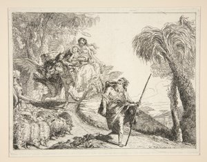 József a Szűzanyával és a gyermekkel, az Idee pittoresche sopra la fuga in Egitto (Repülés Egyiptomba) sorozatból alkotó: Giovanni Domenico Tiepolo
