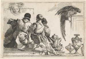 Térdelő oldalak, egy maszk és egy papagáj alkotó: Giovanni Domenico Tiepolo