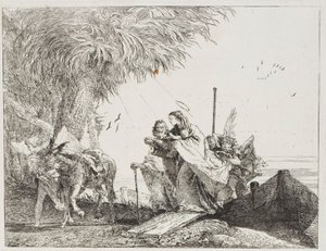 Mária, akit József és egy angyal segített, kilép a csónakból, tizennyolcas tányér az Egyiptomba menekülésből alkotó: Giovanni Domenico Tiepolo