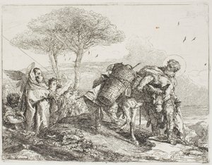 Mária, akit két angyal segít, követi Józsefet a szamárral, 25. tábla A menekülés Egyiptomba című könyvéből alkotó: Giovanni Domenico Tiepolo