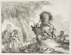 Mária, akit egy angyal segített, és József a kosarat cipelő, nyáj mellett, 24. tábla a Repülés Egyiptomba című könyvéből alkotó: Giovanni Domenico Tiepolo