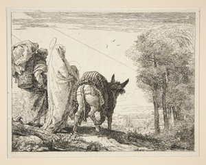 Mária karjában tartja a gyermekét, az Idee pittoresche sopra la fuga in Egitto (Repülés Egyiptomba) sorozatból alkotó: Giovanni Domenico Tiepolo