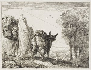 Mária a gyermeket a karjában tartja és József a kosárral, tízes tányér az Egyiptomba menekülésből alkotó: Giovanni Domenico Tiepolo
