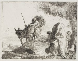 Mária, két angyal által támogatott, követi Józsefet, 26. lemez a Repülés Egyiptomba című könyvéből alkotó: Giovanni Domenico Tiepolo