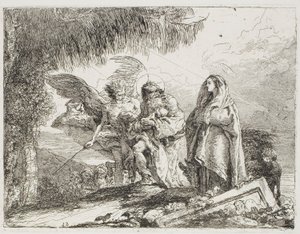 Máriát és Józsefet, akik a gyermeket tartják, egy angyal kíséri, tizenkettes tányér az Egyiptomba menekülésből alkotó: Giovanni Domenico Tiepolo