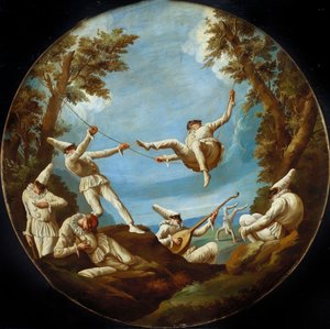 Punchinellók hintákon, zenélnek és akrobatikáznak egy tájban alkotó: Giovanni Domenico Tiepolo