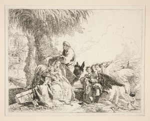 Pihenés az egyiptomi repülés alatt, az Idee pittoresche sopra la fuga in Egitto (Repülés Egyiptomba) sorozatból alkotó: Giovanni Domenico Tiepolo