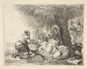 Szent József a csecsemő Jézust imádva, az Idee pittoresche sopra la fuga in Egitto (Repülés Egyiptomba) sorozatból alkotó: Giovanni Domenico Tiepolo