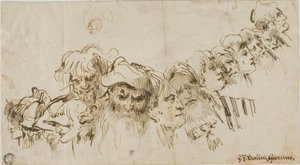 Férfifejek vázlatai (recto); királynő és oldal (verso) alkotó: Giovanni Domenico Tiepolo
