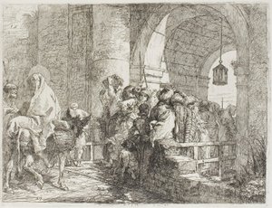 A Szent Család megérkezik a városkapuhoz, 27-es tábla a Repülés Egyiptomba című könyvéből alkotó: Giovanni Domenico Tiepolo