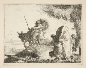 A Szent Család két angyal között, az Idee pittoresche sopra la fuga in Egitto (Repülés Egyiptomba) sorozatból alkotó: Giovanni Domenico Tiepolo