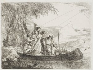 A Szent Család beszáll a csónakba az angyalok segítségével, tizenhatos tábla a Repülés Egyiptomba című könyvéből alkotó: Giovanni Domenico Tiepolo