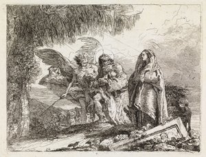 Az angyal által kísért Szent Család (A menekülés Egyiptomba XII.) alkotó: Giovanni Domenico Tiepolo