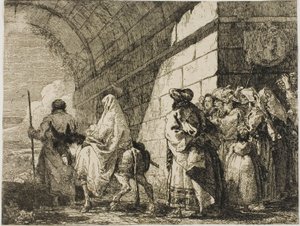 A Szent Család egy városkapu mellett távozik, hetedik tábla a Repülésből Egyiptomba alkotó: Giovanni Domenico Tiepolo