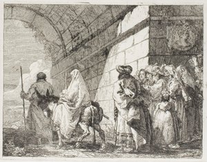 A Szent Család egy városkapu mellett távozik, hetedik tábla a Repülés Egyiptomba című könyvéből alkotó: Giovanni Domenico Tiepolo
