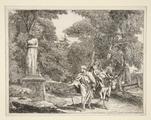 A Szent Család egy szobor mellett, az Idee pittoresche sopra la fuga in Egitto (Repülés Egyiptomba) sorozatból alkotó: Giovanni Domenico Tiepolo