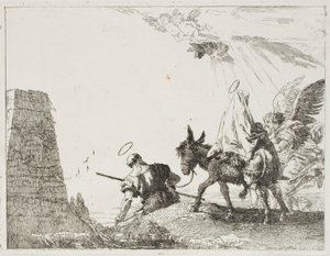 A Szent Család egy piramis mellett halad el, huszas lemez az Egyiptomba menekülésből alkotó: Giovanni Domenico Tiepolo