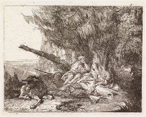 A Szent Család pihenése egy fenyőfa alatt (Menekülés Egyiptomba XXIII) alkotó: Giovanni Domenico Tiepolo