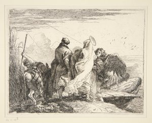 A Szent Család egy folyó mellett, az Idee pittoresche sulla fuga in Egitto (Repülés Egyiptomba) sorozatból alkotó: Giovanni Domenico Tiepolo