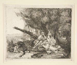 A pihenés az egyiptomi repülésen, az Idee pittoresche sopra la fuga in Egitto (Repülés Egyiptomba) sorozatból alkotó: Giovanni Domenico Tiepolo