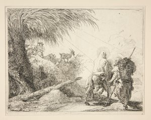 A Szűz, Szamárra ülve, hátulról nézve, az Idee pittoresche sopra la fuga in Egitto (Repülés Egyiptomba) sorozatból alkotó: Giovanni Domenico Tiepolo