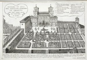 Kilátás a kertekre és a toszkán nagyherceg palotájára, Róma alkotó: Giovanni Domenico de