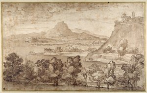 Táj egy dombos várossal és egy távolabbi hegyekkel (toll és barna tinta barna mosással fehér papíron) alkotó: Giovanni Francesco Grimaldi