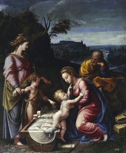 A Szent Család a fiatal Keresztelő Jánossal és Szent Katalin par Pennivel, Gianfrancesco (1496-1528). Olaj, fa, méret: 115,5x95, kb. 1525, Muzeum Narodowe, Varsó