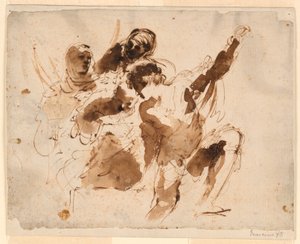 Tanulmány négy alakról, Szent Péter-oltárkép temetkezéséhez alkotó: Giovanni Francesco Barbieri