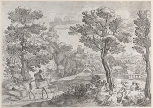 Jobb oldalon egy kártyázó embercsoport, bal oldalon egy lóháton ülő ember, 1626-80.