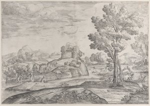 Egy ház egy kerek szikla tetején középen, emberek a folyóban és kenukban, 1626-80.