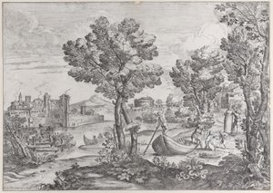 Tájkép egy férfival, aki kígyót tart egy rémült gyereknek, egy divatos dre..., 1626-80. alkotó: Giovanni Francesco Grimaldi