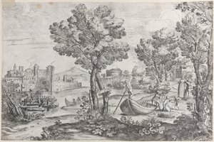 Tájkép egy férfival, aki kígyót tart egy rémült gyereknek, egy divatos dre..., 1626-80. alkotó: Giovanni Francesco Grimaldi