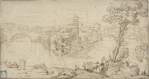 Kilátás az Isola Tiberina-ra alkotó: Giovanni Francesco Grimaldi